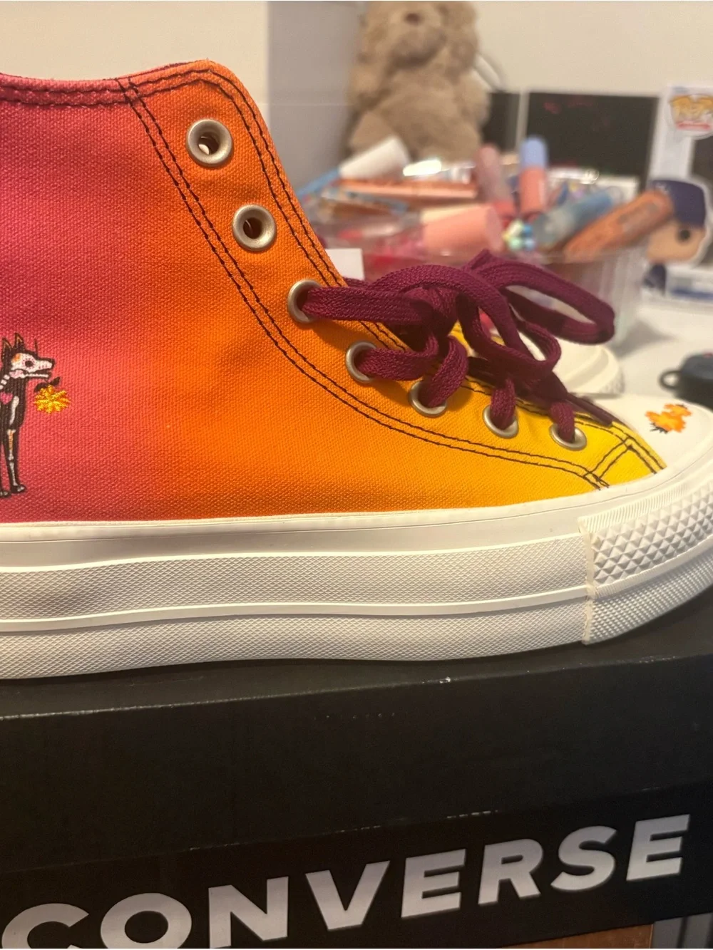 Women’s Gradient High-Top Canvas Sneakers in Yellow-Orange with Burgundy Laces